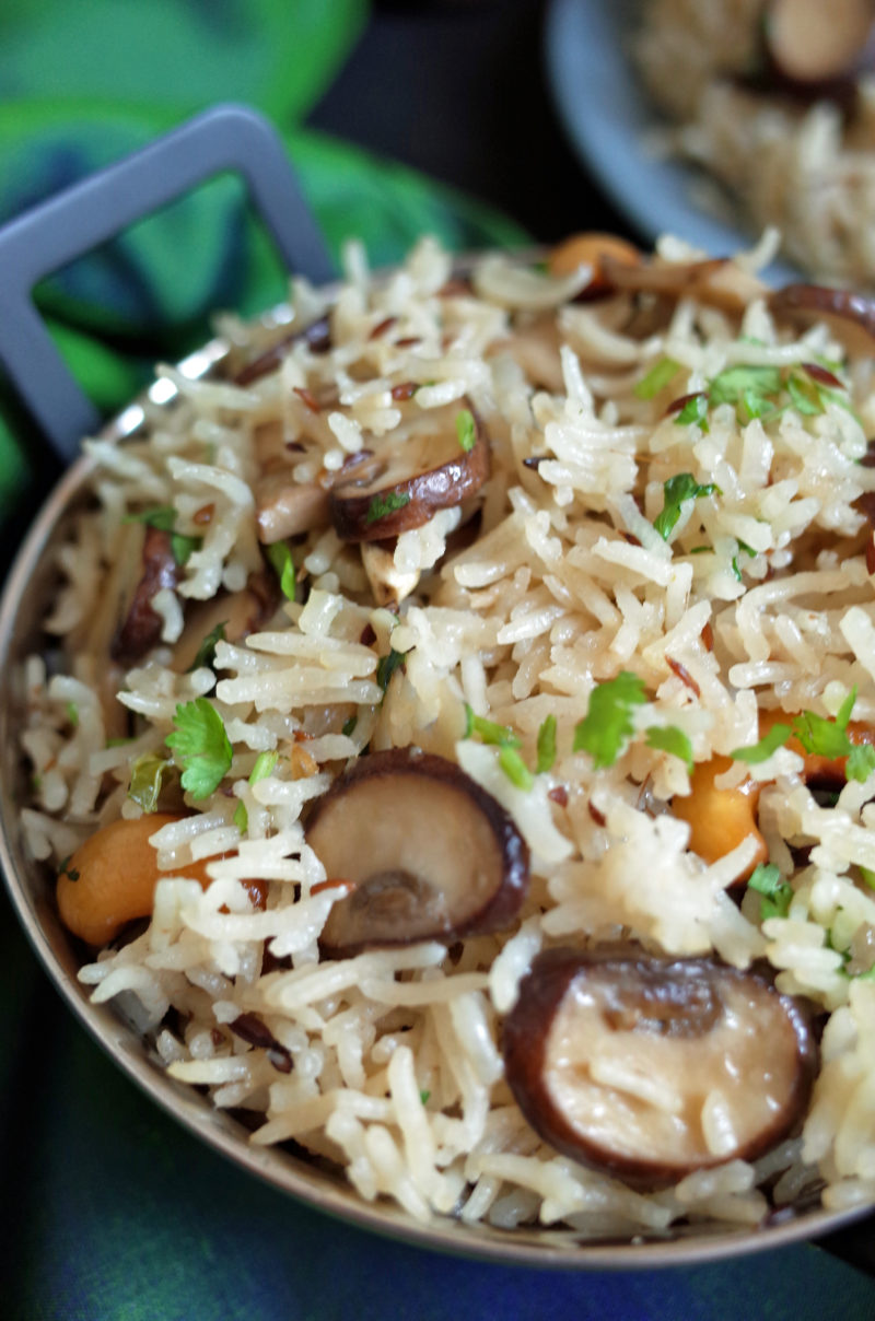 Chestnut Mushroom and Cashew Pulao Rice in a balti dish