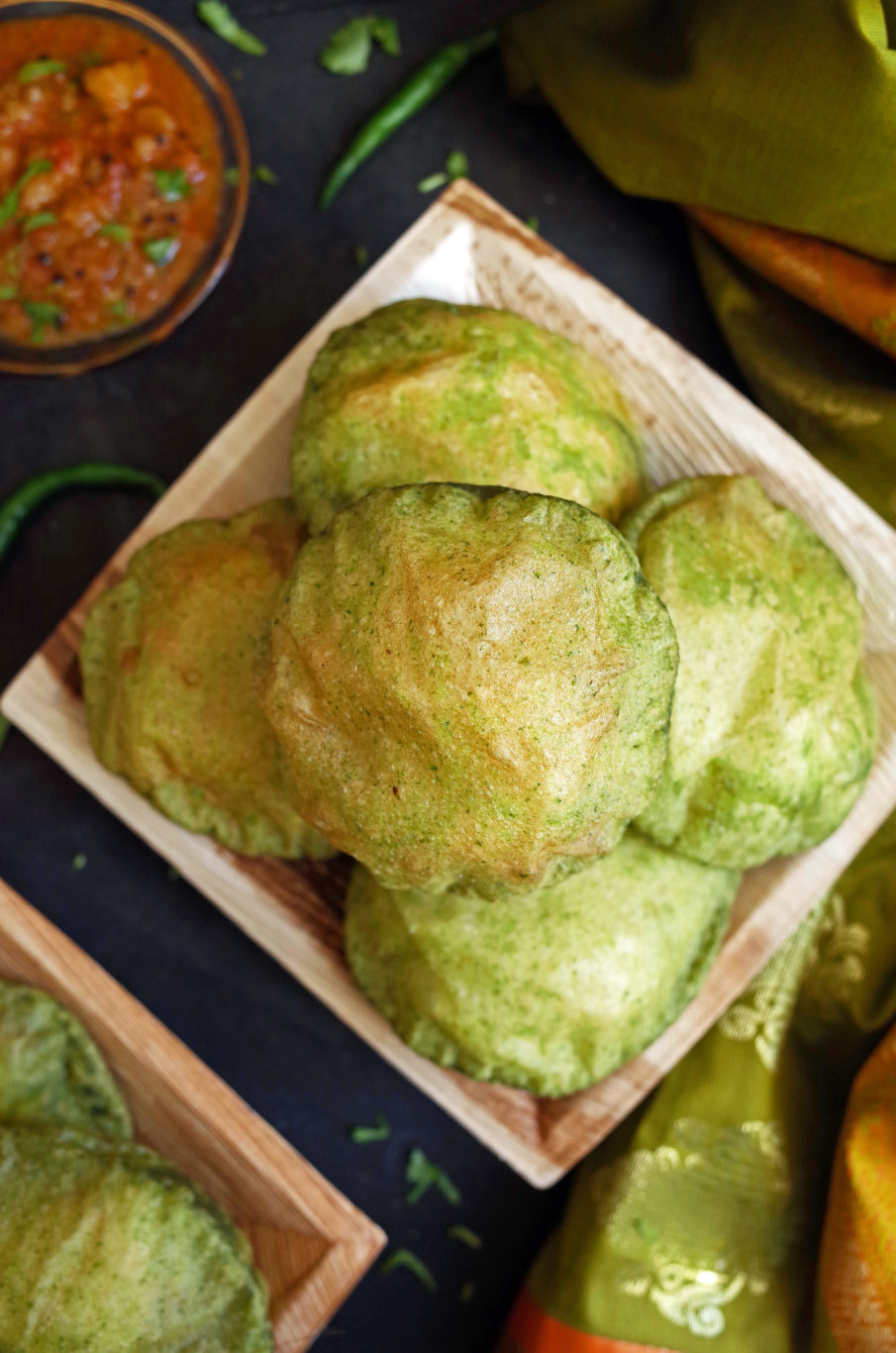 Palak Puri - Puffed Indian Breads with Spinach Dough