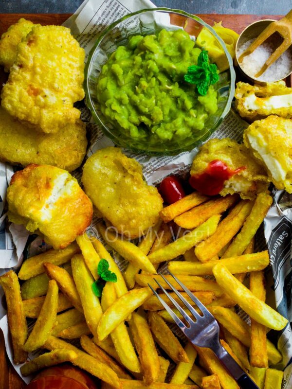 Vegetarian Fish, Chips, Mushy Peas with Battered Halloumi