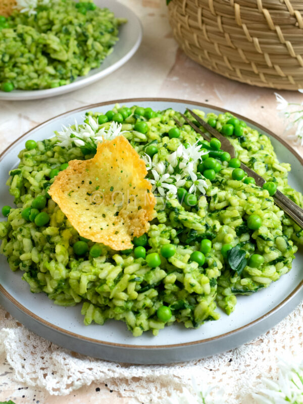 Pea and Wild Garlic Risotto with Cheddar Tuile