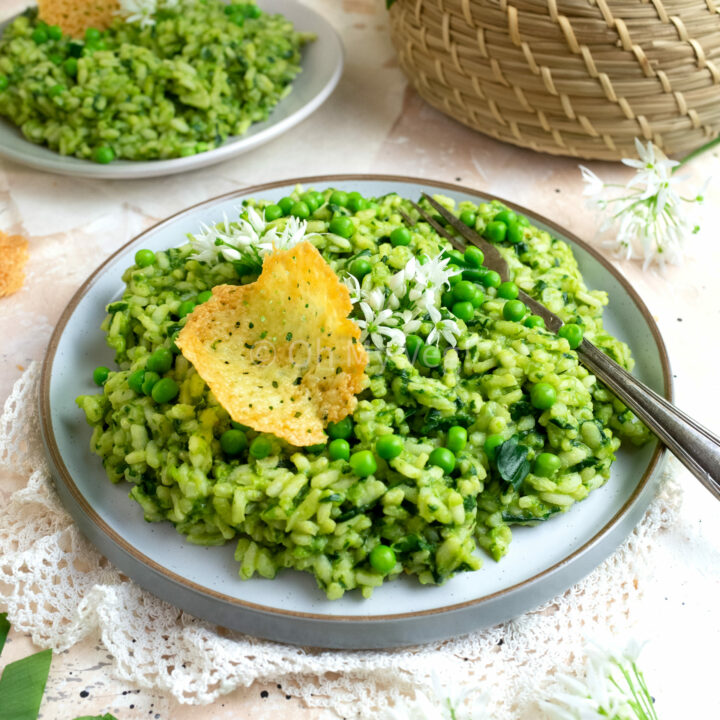 Wild Garlic and Pea Risotto with Cheddar Crisp Tuile