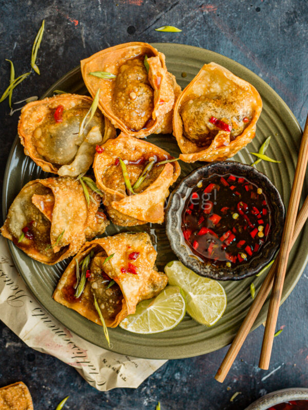 Fried Vegan Mushroom Wontons with Sweet Chili Sauce