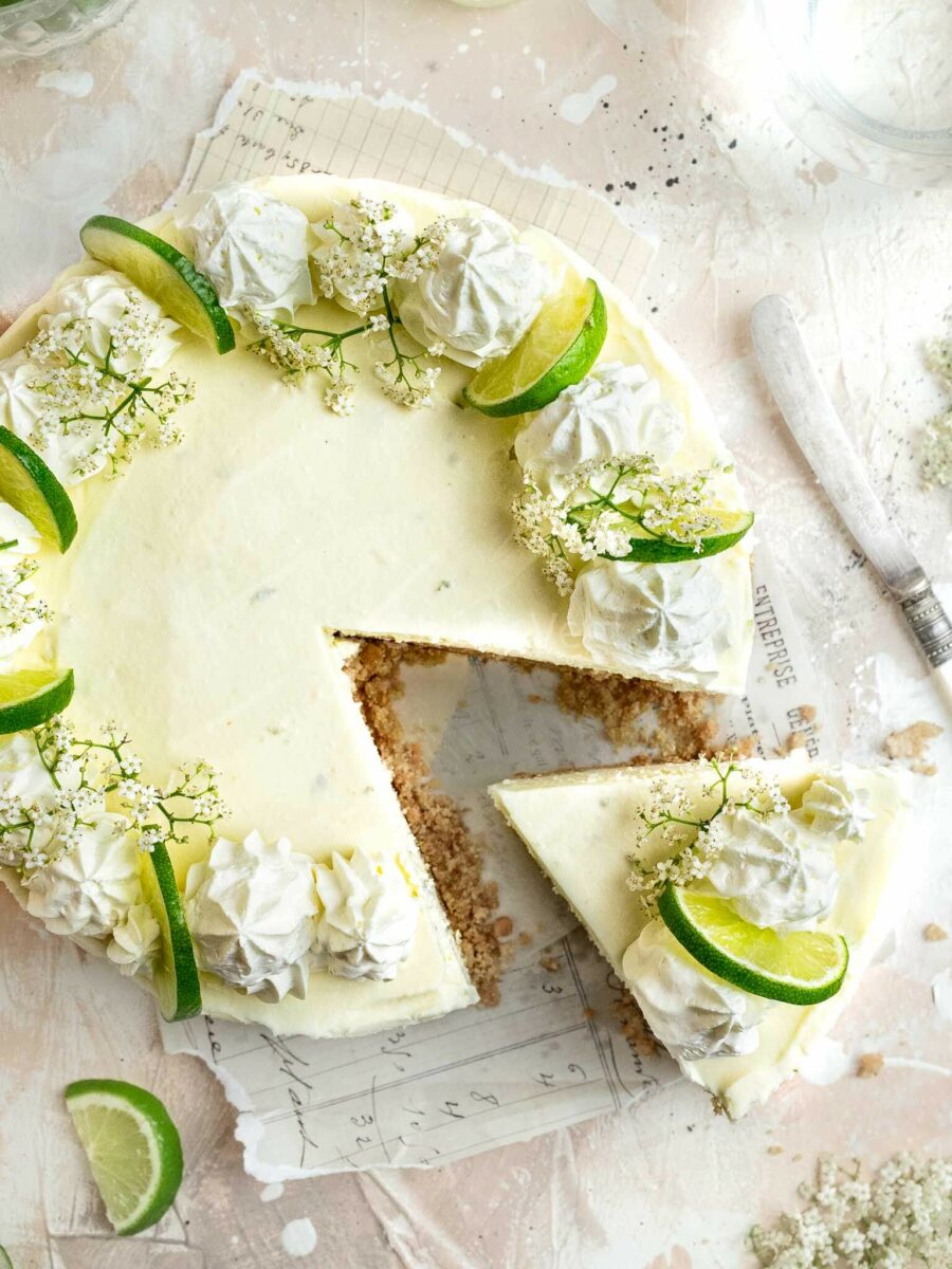 No-bake elderflower and lime cheese with a slice cut out. 