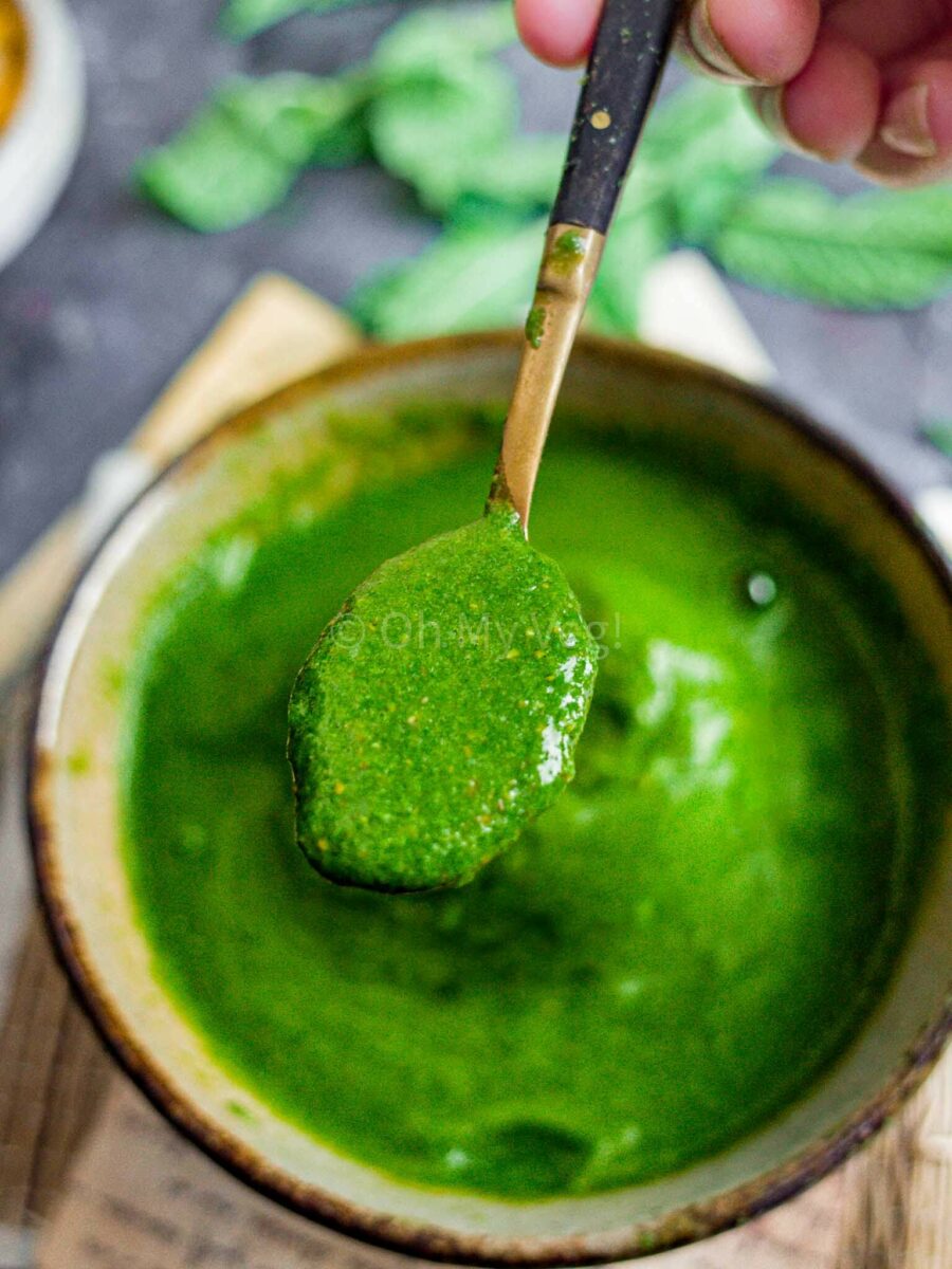 Green chutney on a spoon.