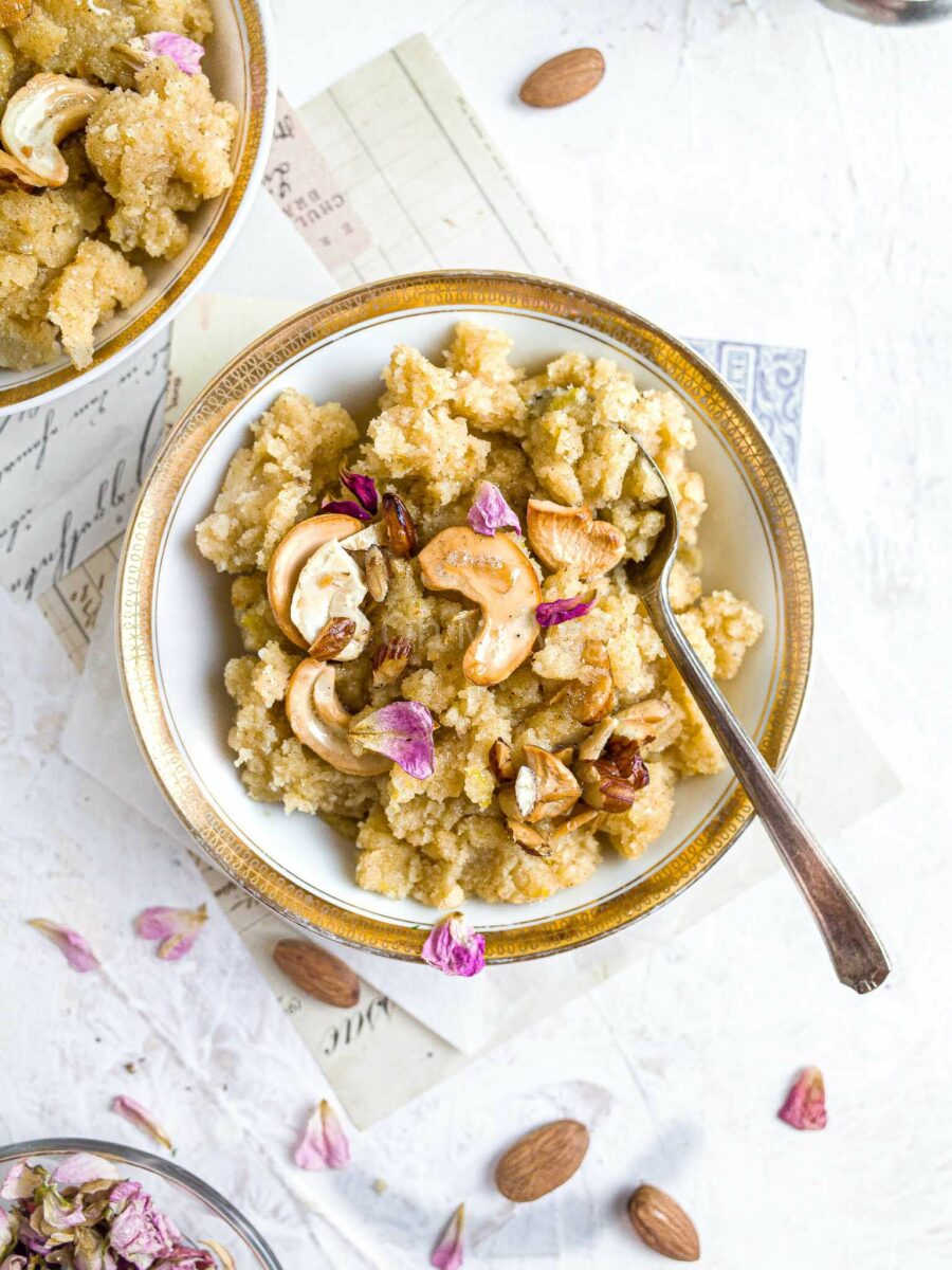 A bowl of sheera on a white background. 