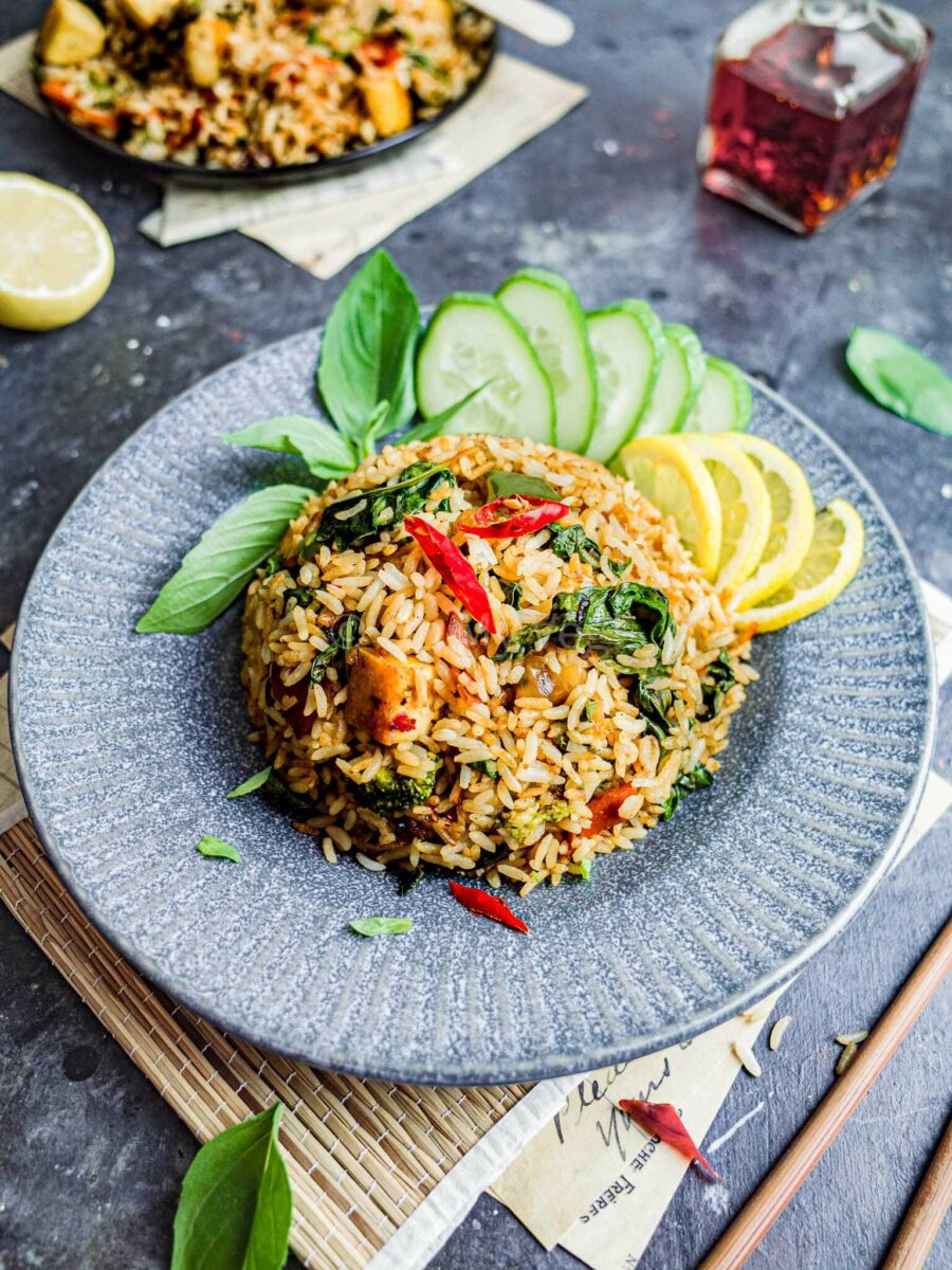 Vegan Thai basil fried rice with lemon. 