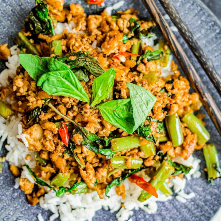 Vegan pad krapow with rice.