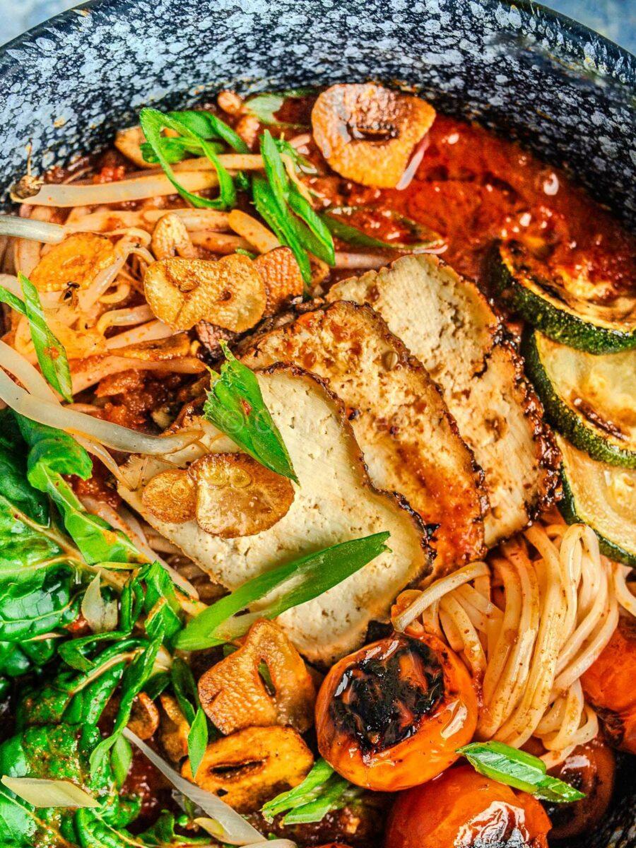 Close up of tofu char siu ramen.