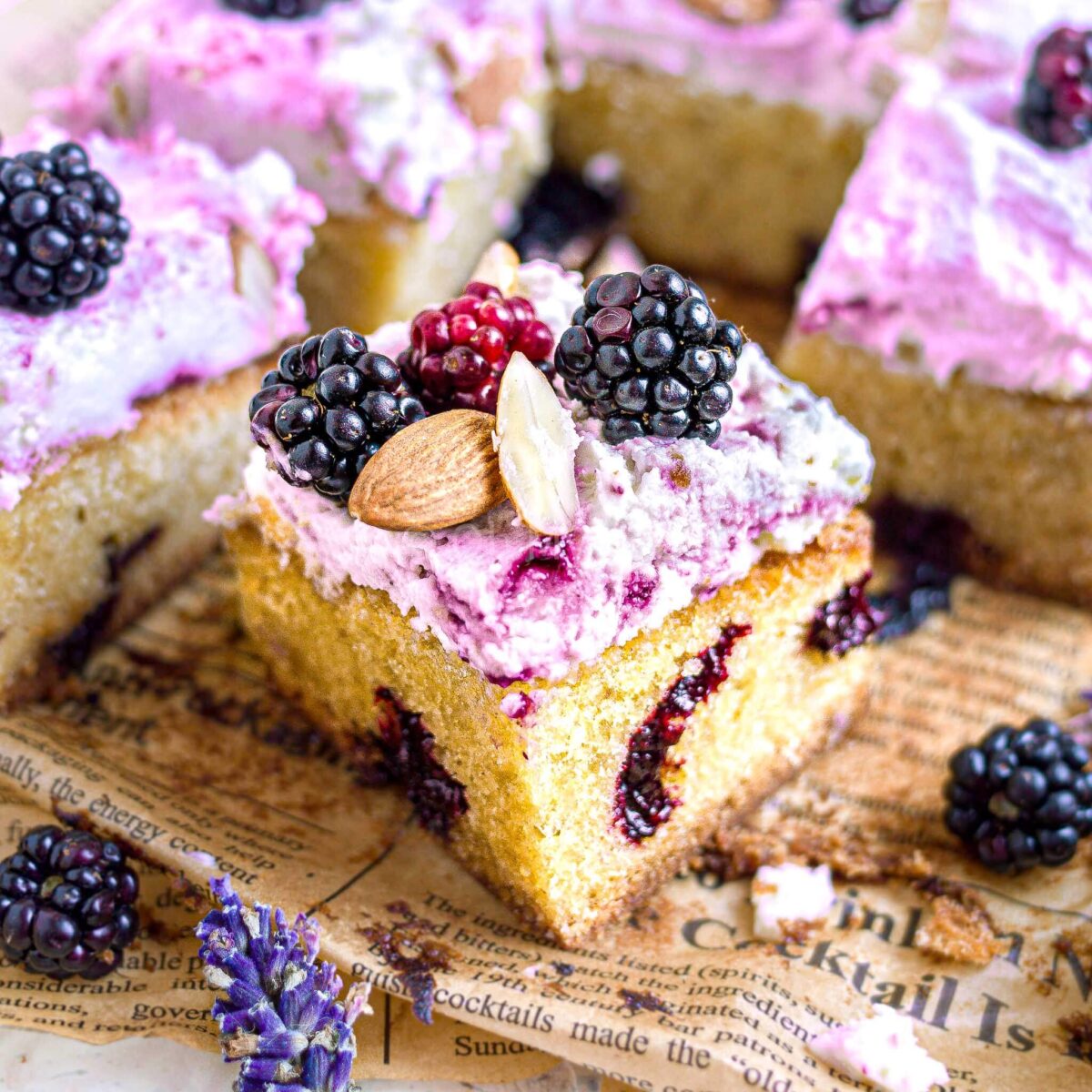 Blackberry almond cake with mascarpone icing. 