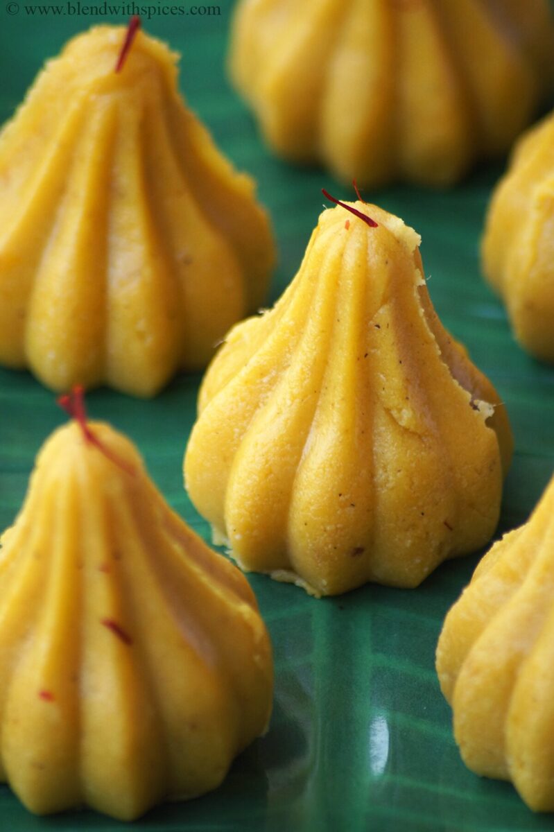 Mango modak with saffron.