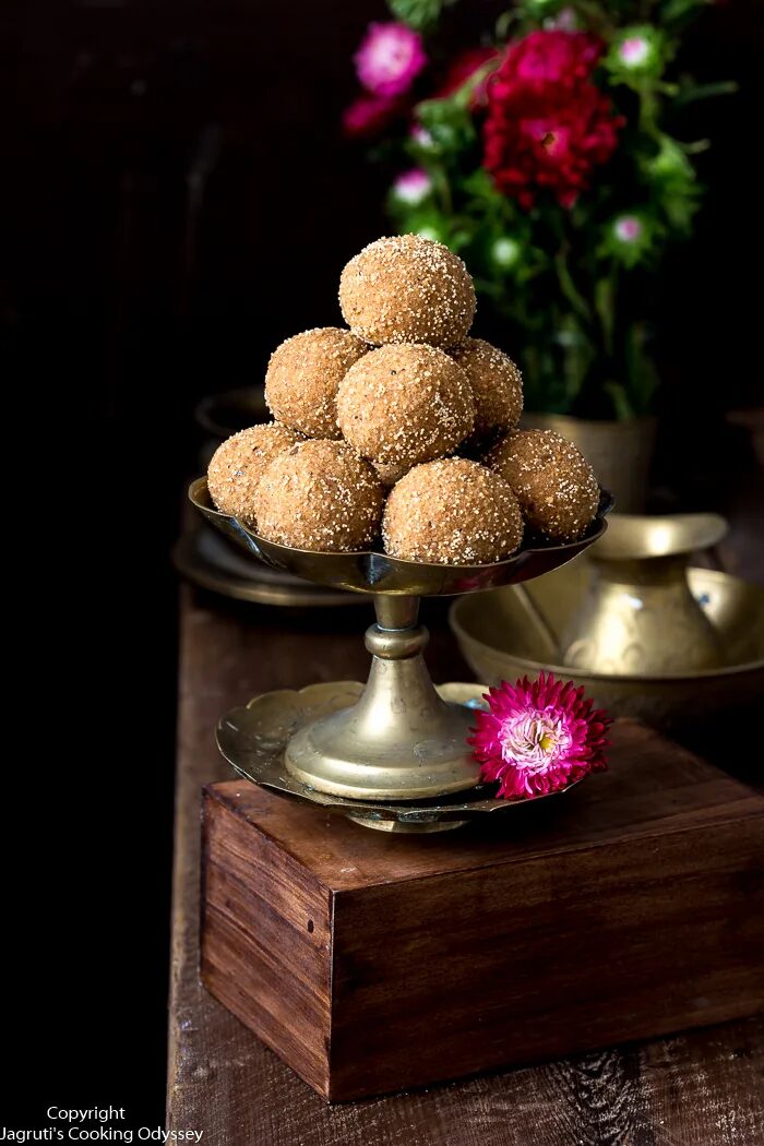 Churma ladoo on a stand.