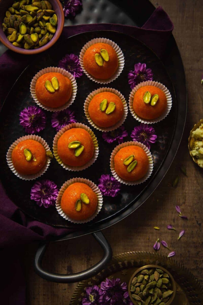 Gajar ladoo with pistachios.