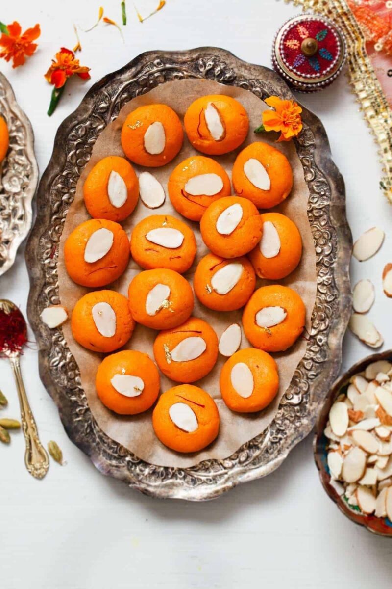 Sweet potato milk peda on a silver platter.