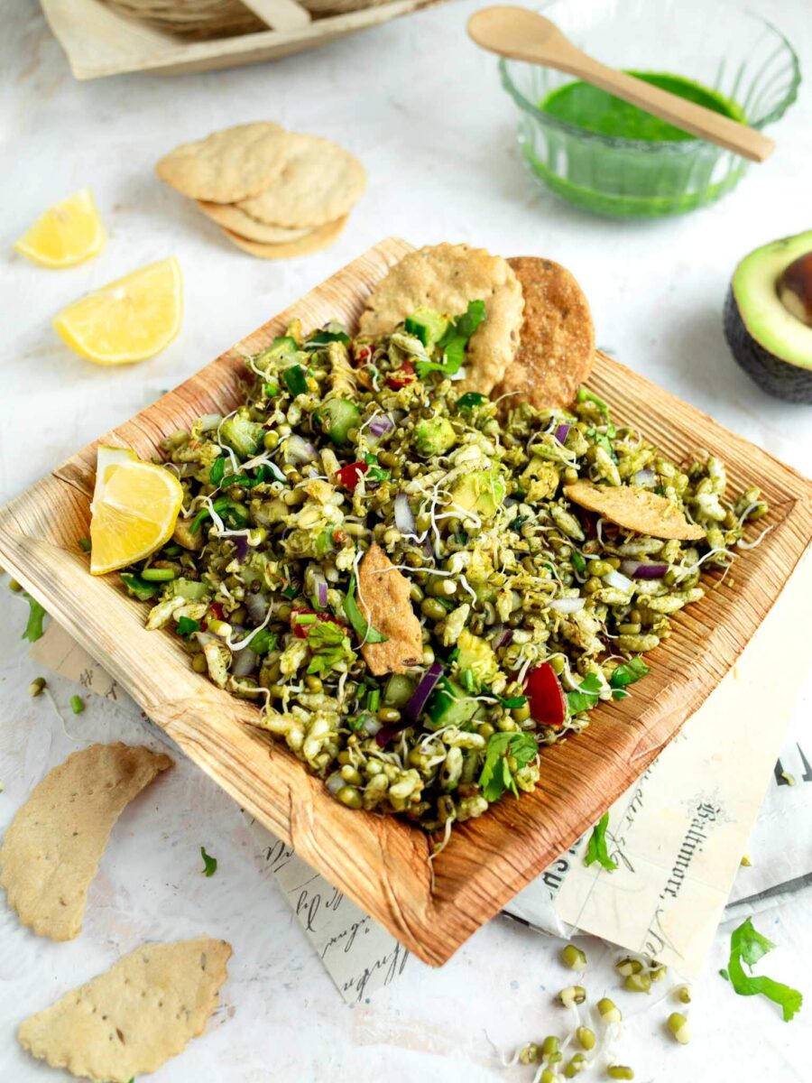 Moong sprouts chaat in a leaf plate.