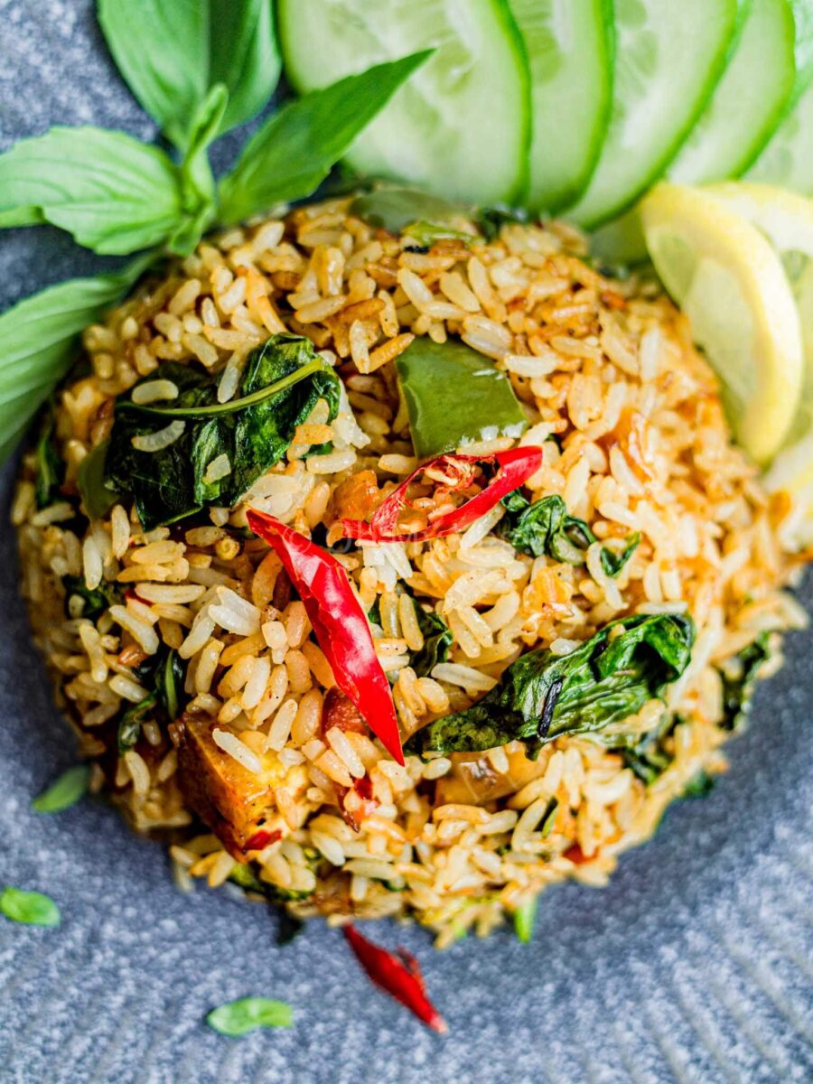 Vegan Thai basil fried rice in a mound.