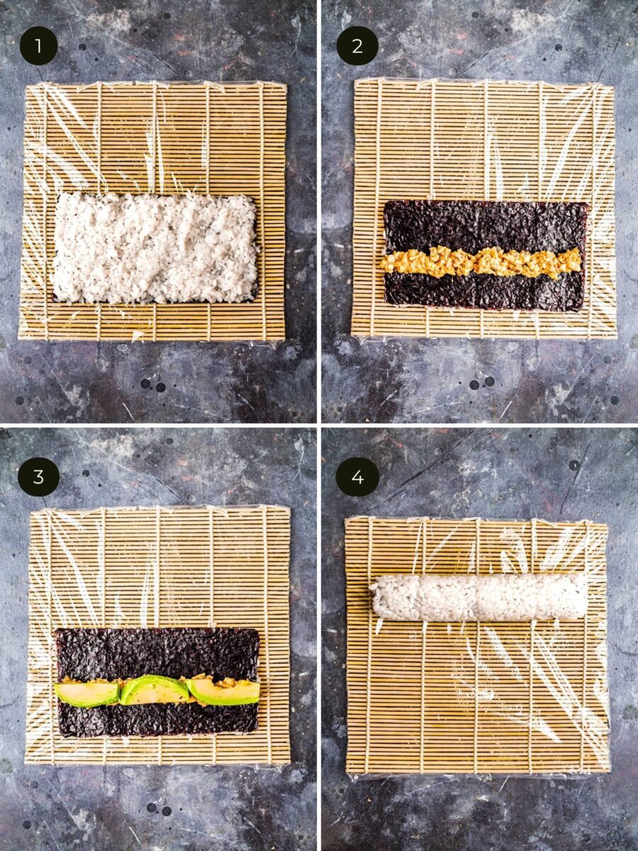 Step by step directions for rolling peanut avocado uramaki rolls.