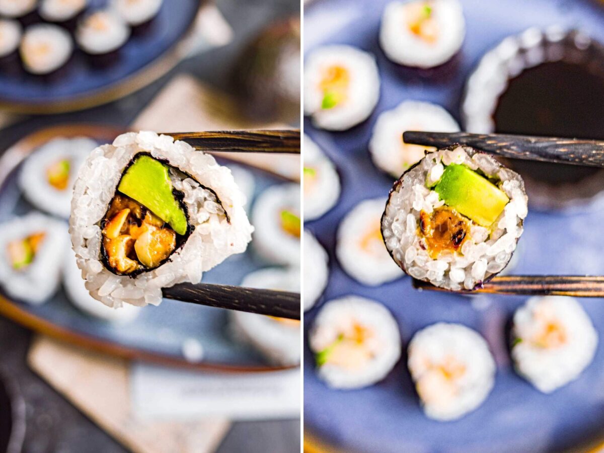 Uramaki peanut avocado rolls and maki rolls.