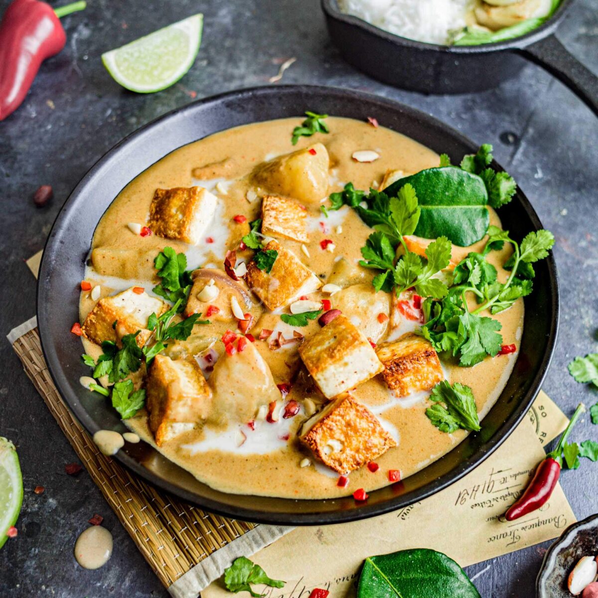 Massaman tofu curry in a bowl.