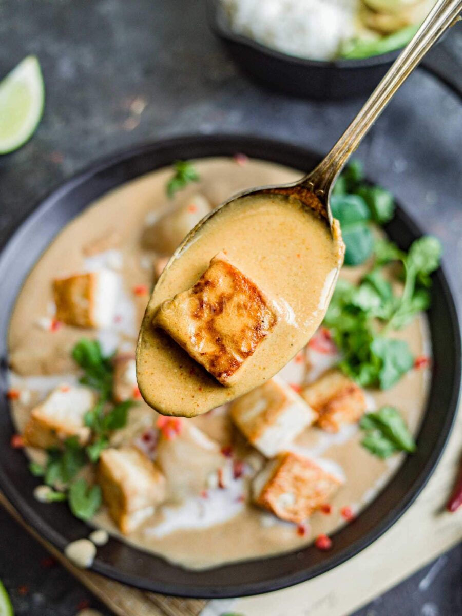 Tofu in massaman sauce on a spoon.