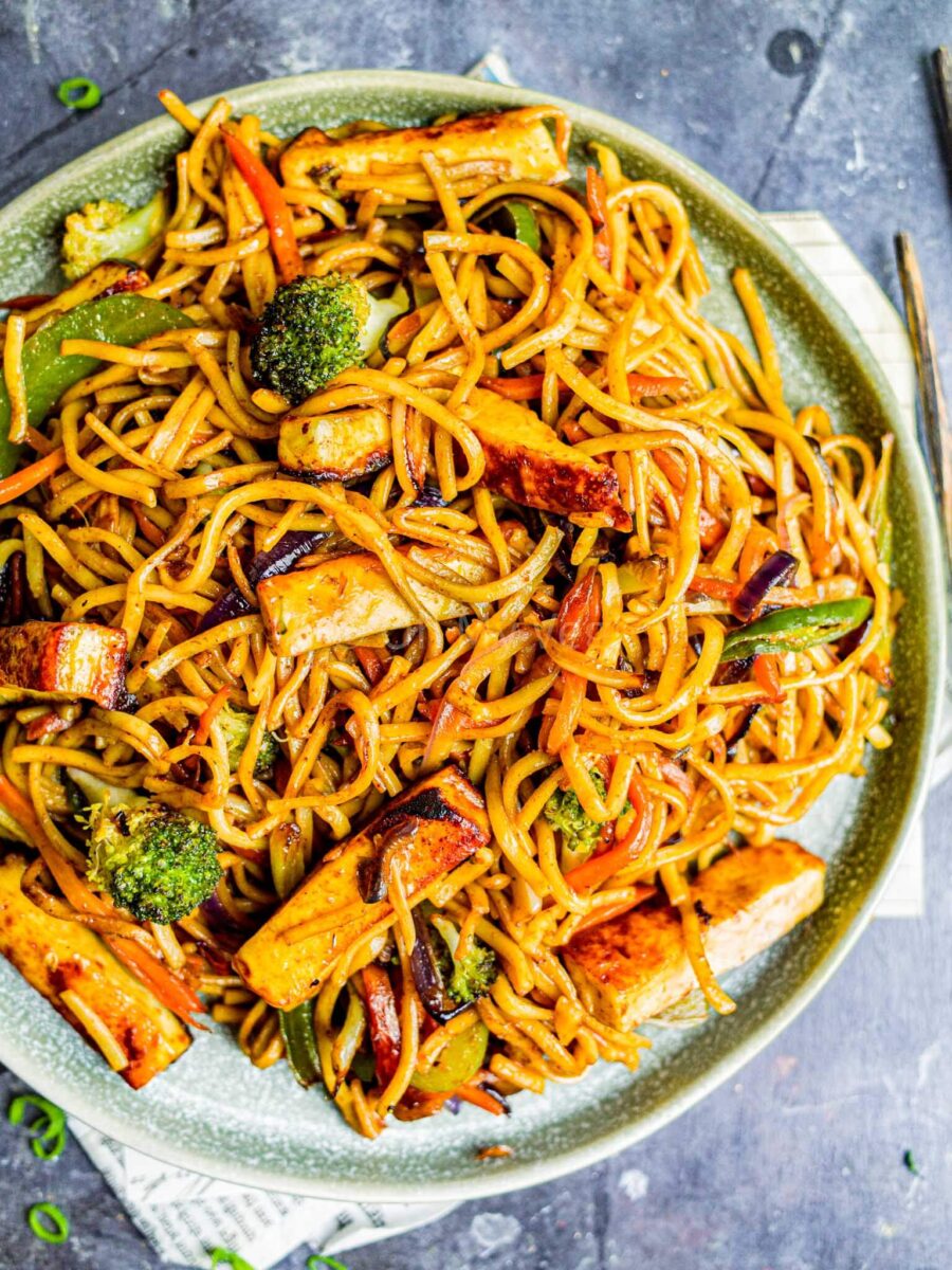 Close up of Indo-Chinese paneer hakka noodles.