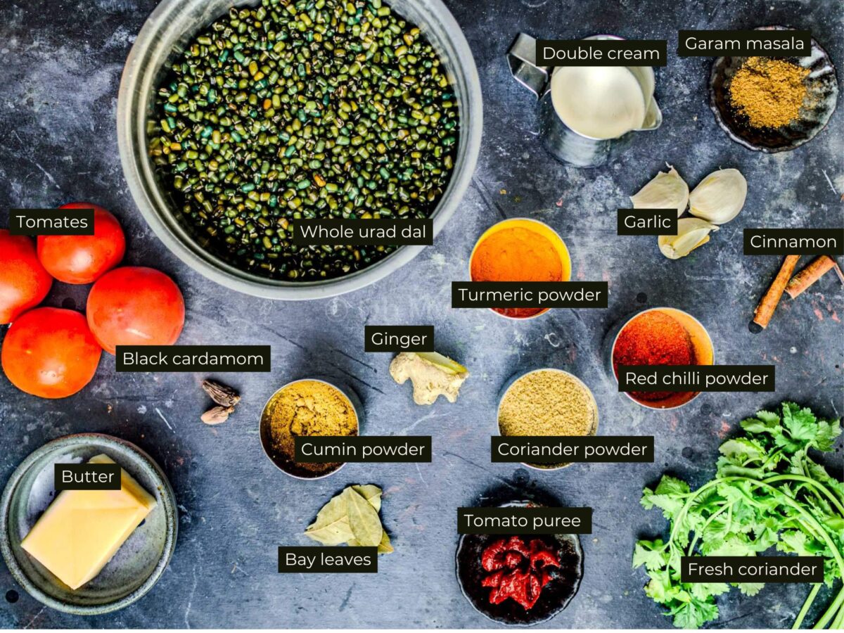 Ingredients for dal bukhara, labelled. 