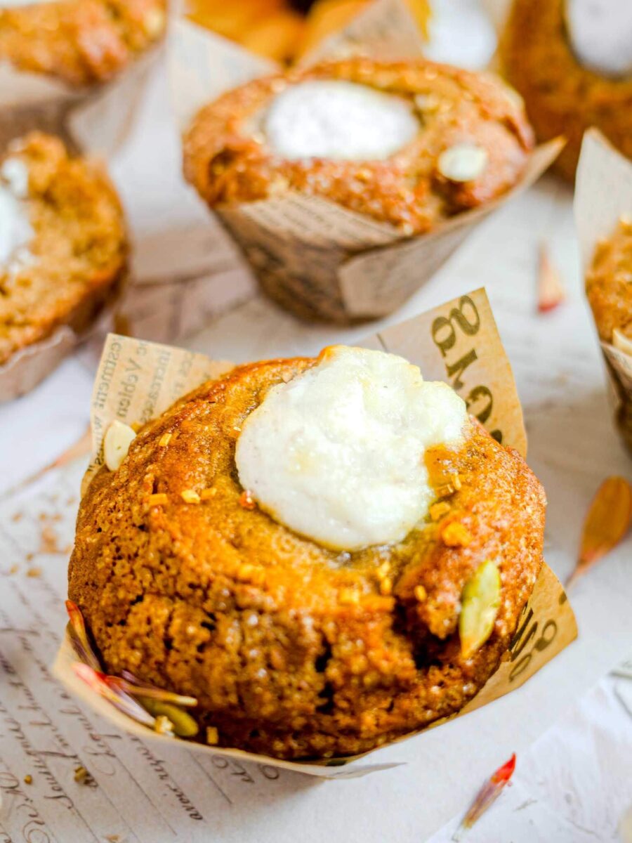 Pumpkin cream cheese muffin with pepitas.