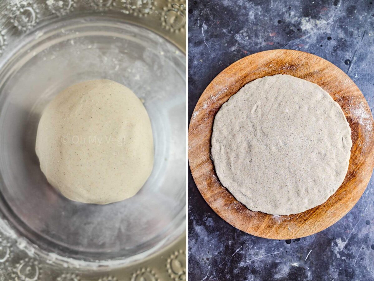 Side-by-side pictures of jowar roti dough and uncooked jwarichi roti on a rolling board.