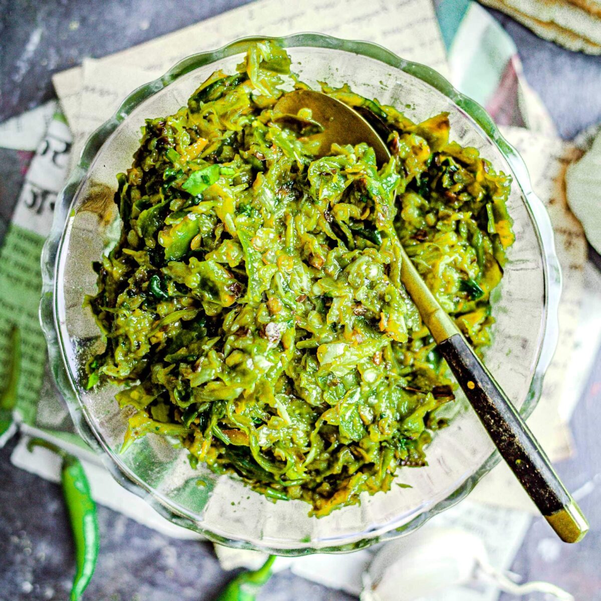 Green chilli thecha in a bowl. 