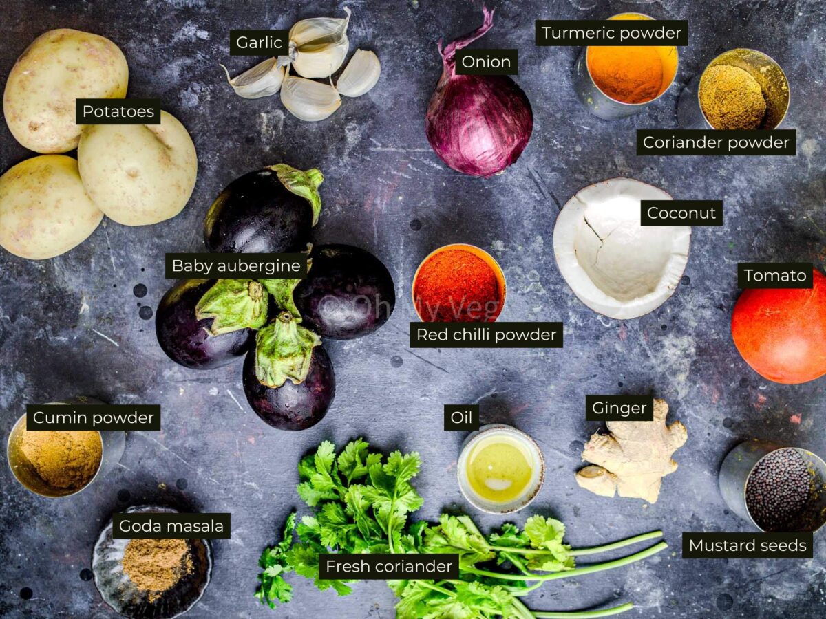 Ingredients for Maharashtrian potato and aubergine curry.