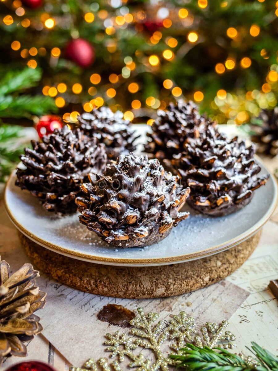 Chocolate pinecone brownies on a white plate. 