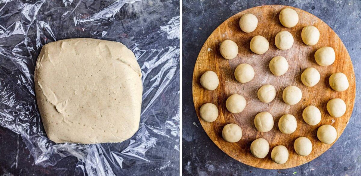 Homemade momo dough on clingfilm, then separated into small balls.