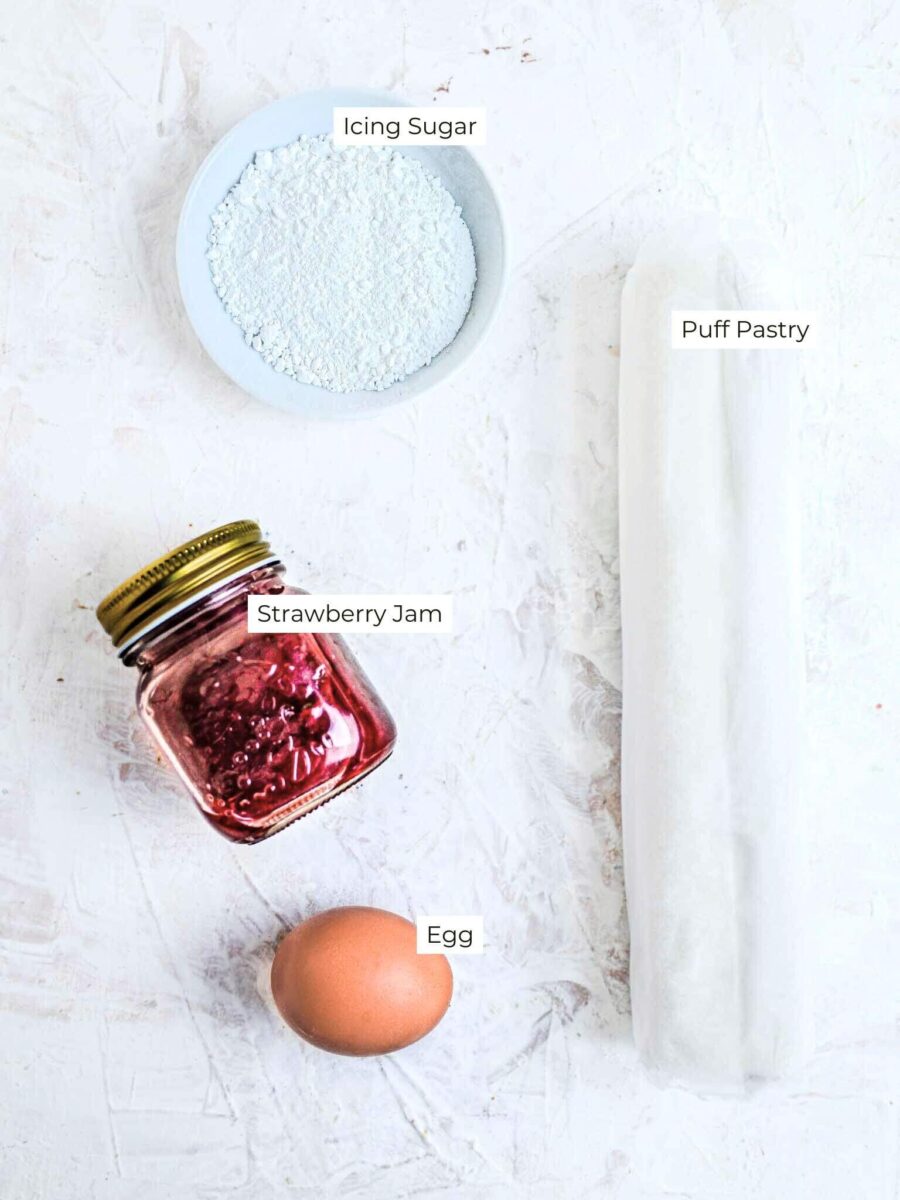 Ingredients for puff pastry jam tarts, with text labels. 