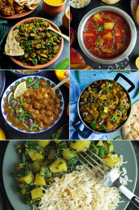 Collage of Vegan Meals on a budget, Bhindi Bhaji, Batata Rassa, Chana Masala, Baingan Bharta and Aloo Palak