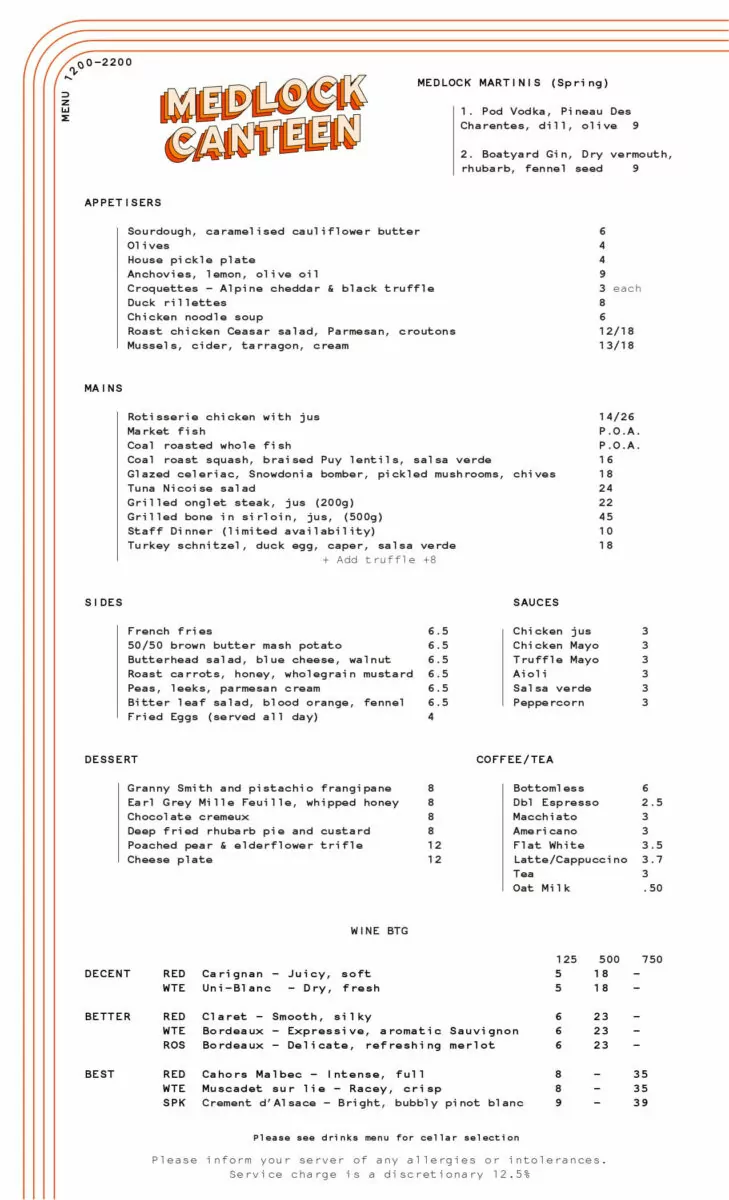 Medlock Canteen menu.