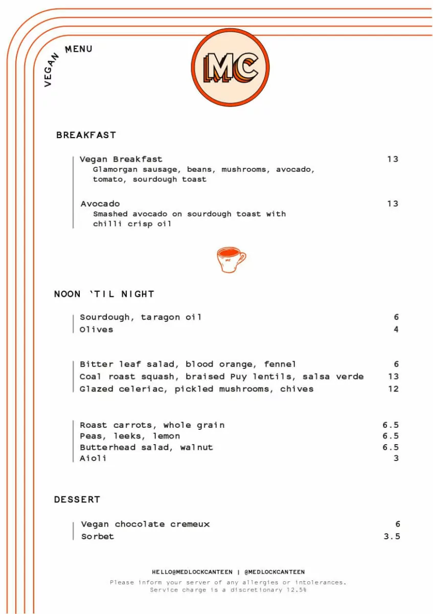 Medlock Canteen vegan menu.