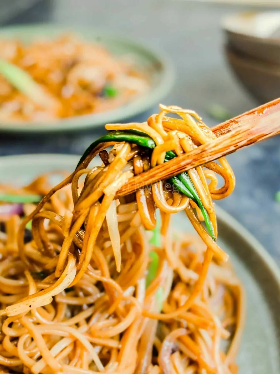 Chopsticks holding plain chow mein noodles.