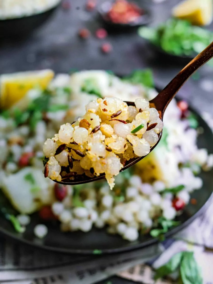 Spoon full of sabudana khichdi. 